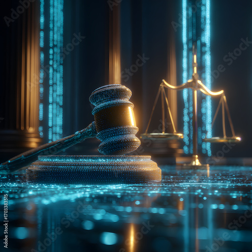 Digital justice concept with gavel and scales of law in futuristic courtroom