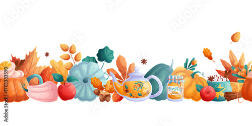 Seamless border with autumn leaves, drinks, food on a white background. The concept of autumn, tea drinking. Vector illustration for the design of postcards, advertisements, banners, posters, websites