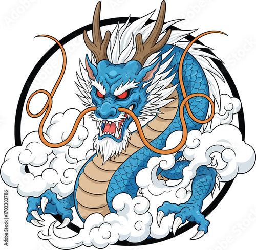 Powerful Blue Traditional Chinese Dragon with Red Eyes Emerging from Clouds Mythological Mascot Illustration