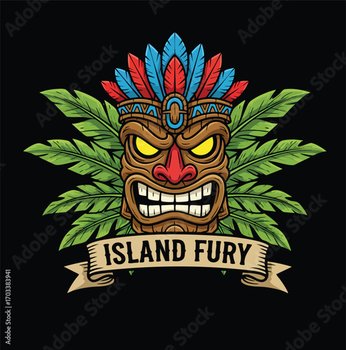 Angry Tribal Tiki Mask with Feather Headdress and Tropical Leaves for a Polynesian or Hawaiian Mascot Logo