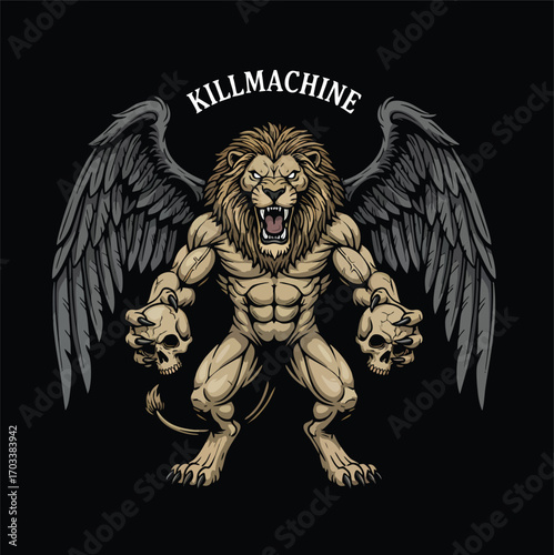 Aggressive Winged Lion Monster with Muscular Body Holding Skulls, a Dark Fantasy Mythological Creature Illustration