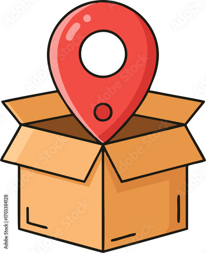 Illustration of a cardboard delivery box with a bright red location pin placed inside, symbolizing package tracking, shipping address, or precise point of delivery