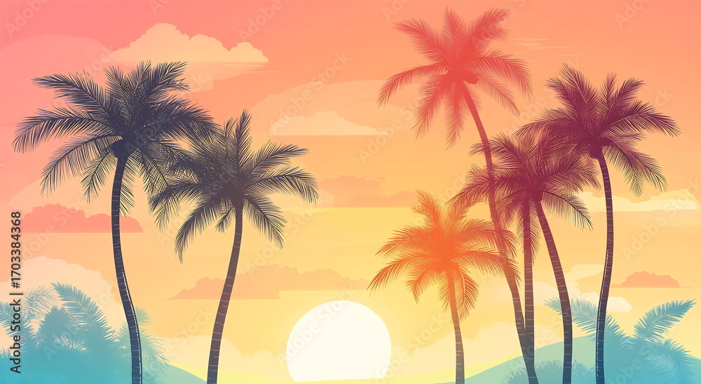 Fototapeta premium Colorful sunset illuminates palm trees against a serene landscape, creating a tranquil atmosphere in a tropical setting.