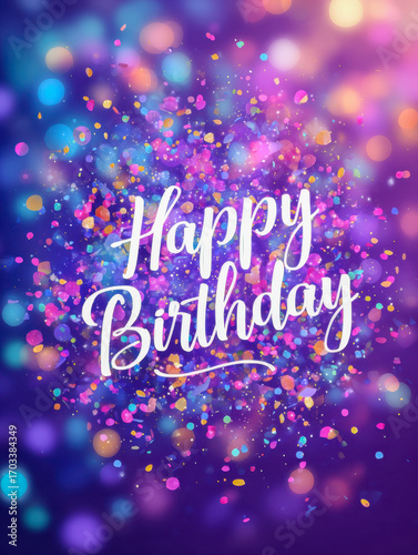 Colorful festive greeting card with joyful confetti explosion and elegant cursive text wishing happy birthday on a vibrant purple and blue background
