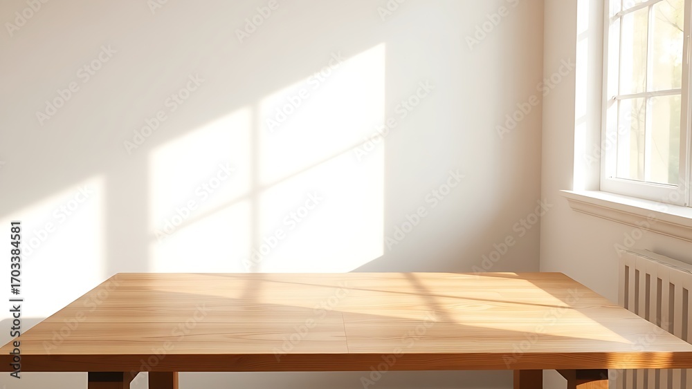 Fototapeta premium Minimalist wooden desk bathed in morning sunlight, offering a clean and inspiring workspace.