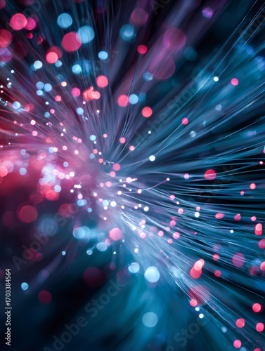 Close-up of glowing fiber optic strands with radiant multicolored light dots creating a dynamic modern technology and data transmission concept background