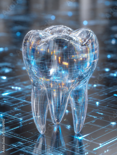 Futuristic digital rendering of a tooth with high-tech reflections and glow effects