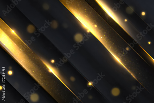 Elegant abstract background with black and gold diagonal streaks and glowing particles