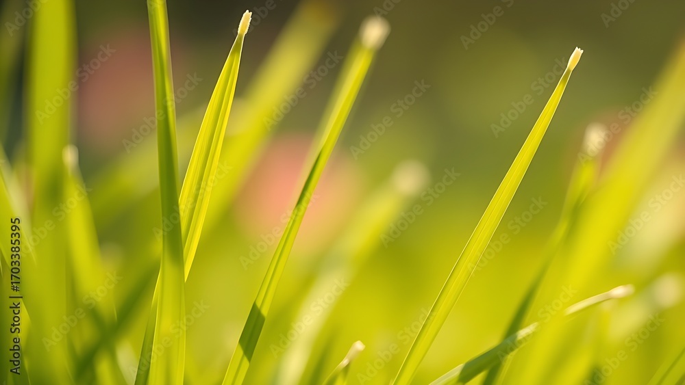 Fototapeta premium Fresh spring grass blades highlighted by sunlight with a soft, blurred effect.