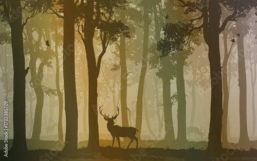 Vector background with a deer in the forest. Good detail, beautiful color scheme, nice soft light