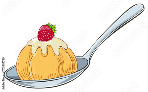 Delicious dessert on a spoon with a strawberry topping