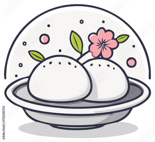 Japanese Sweet Rice Cakes with Pink Cherry Blossom on a Plate Cartoon