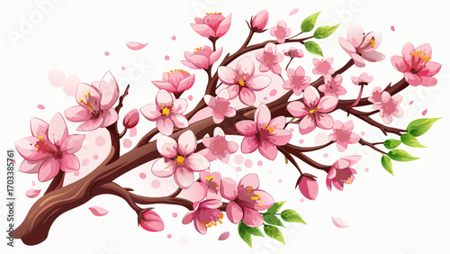 Cherry blossoms isolated on white background tilted angle5, soft pink petals glowing delicately, symbol of renewal and fleeting beauty, perfect for elegant spring-themed vector compositions.