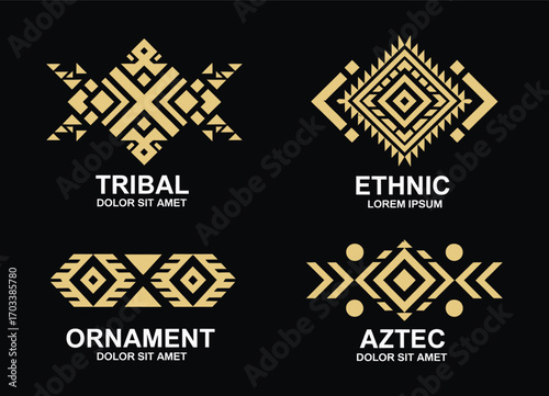 Aztec Style Vintage Logo Set – Geometric Tribal Emblems with Gold Glitter Texture, Ethnic Ornamental Design, EPS10 Vector for Decorative Branding, Templates, and Retro Graphics