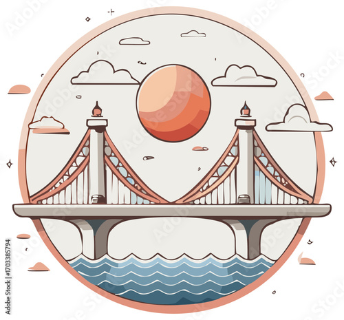 Suspension Bridge over Water under Sky Illustration with Sun and Clouds within Circle