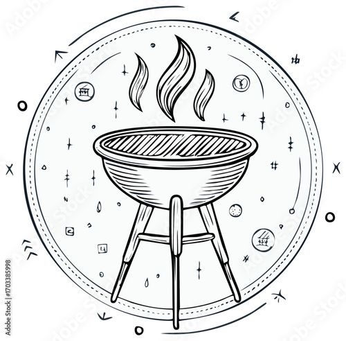 Barbecue Grill Illustration with Flames, Decorative Elements, and Starry Background