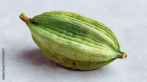 Close-up shot of a green cardamom pod, showcasing its textured surface and unique shape.