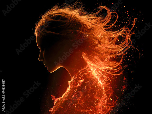 Profile of a woman with flowing hair and body engulfed in fiery flames against a dark background creating a dramatic and dynamic visual effect