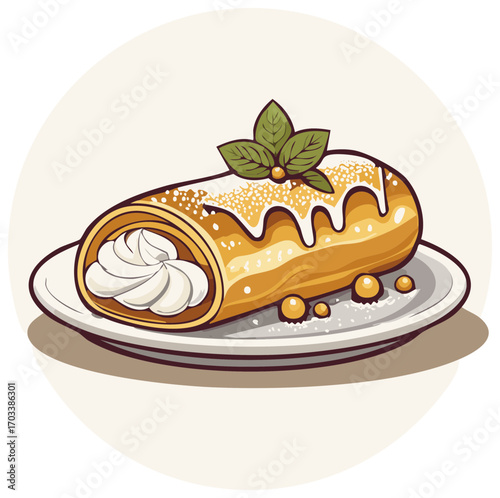 Sweet cream filled roll cake with icing and mint garnish on a plate vector illustration