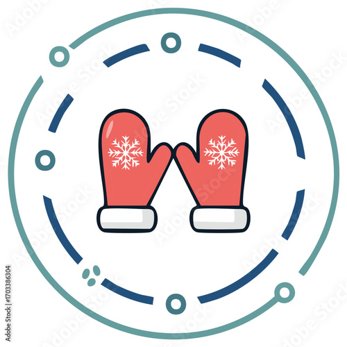 Winter mittens illustration with snowflakes inside a circular design.