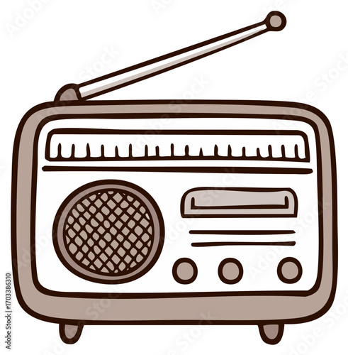 Vintage style portable radio illustration with antenna and speaker, broadcasting sound design element on light surface