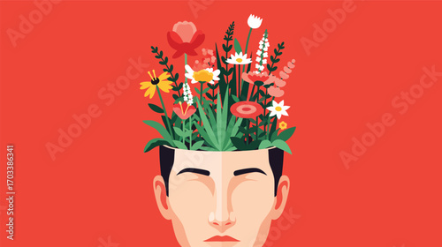 Mans head with blooming flowers growing from it, symbolizing growth and mental well-being