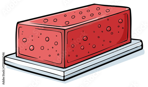 Red Terrine Illustration on a Serving Dish Rectangular red block with circular markings presented on a white plate for culinary design projects