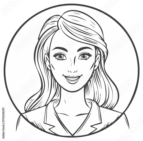 Smiling Woman Portrait in a Circle Emblem Line Art Style