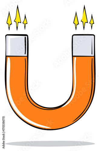 Hand drawn orange horseshoe magnet with glowing energy sparks symbolizing attraction and force.