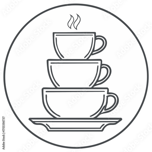 Steaming coffee tea cups stacked with saucer minimalist line art illustration