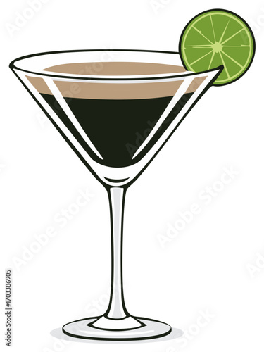 Dark cocktail in a martini glass with foam and a lime slice vector illustration