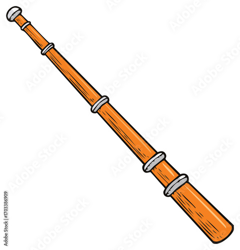Hand Drawn Illustration of a Collapsible Wooden Spyglass with Silver Bands