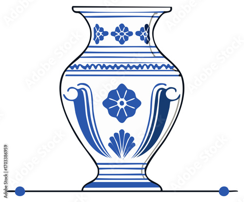 Elegant blue and white porcelain vase with traditional floral ornament vector illustration