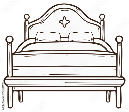 Vintage Style Bed with Pillows and Decorative Star on Headboard, Isolated Line Drawing