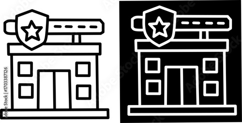 Minimal line icon of a police station building with a shield and star symbol, representing law enforcement, security, protection, authority, and public safety.