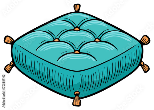 Turquoise Diamond Pillow with Buttons and Tassels Illustration Cartoon Style