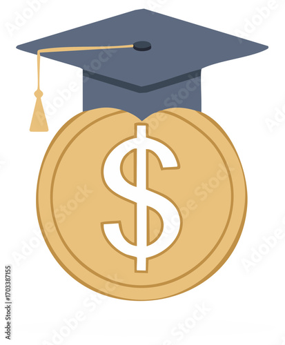 Graduation Cap on Gold Coin Representing Education Costs and Student Loan Debt