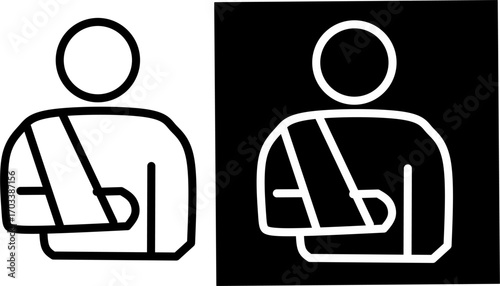 Minimal line icon of an injured person with an arm sling, symbolizing accident, fracture, healthcare, medical treatment, insurance, recovery, and patient care.
