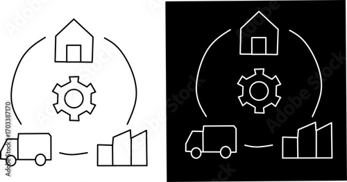 Minimalist supply chain icon set showing a house, gear, truck, and factory in circular flow, perfect for logistics, industry, and business concepts.