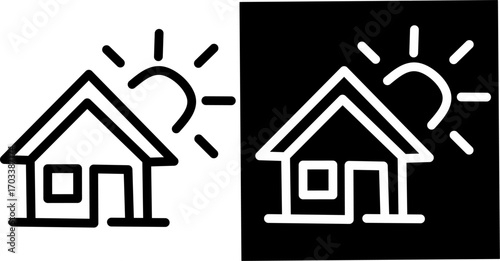 Minimal line icon of a house with the sun above, symbolizing home, morning, sunrise, warmth, real estate, energy efficiency, eco living, and residential lifestyle.
