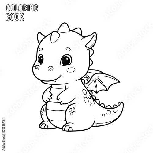 Cute baby dragon cartoon character with wings and horns sitting patiently for coloring book illustration