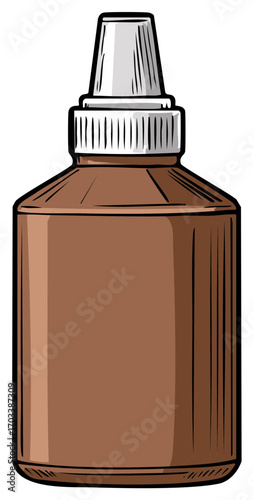 Brown Bottle with Grey Top Vector Illustration, Medicine, Remedy, or Serum Container