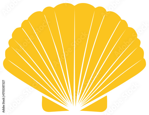 Elegant golden scallop shell radiating lines marine symbol summer beach nautical seashell scallop logo graphic icon