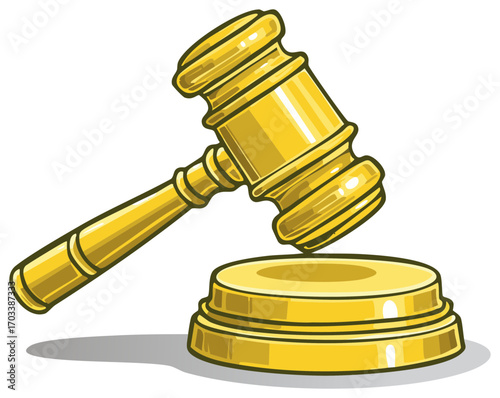 Illustration of a golden gavel resting on a wooden block against a white background