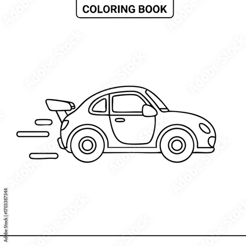 Black and white outline drawing of a compact racing car with a rear spoiler and motion lines in a coloring book style