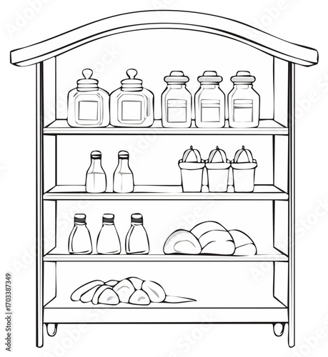 A hand drawn black and white illustration of a pantry shelf filled with jars, bottles, bread, and baked goods
