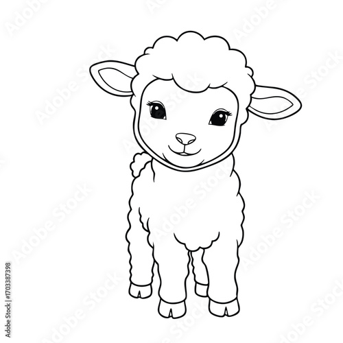 Cute cartoon lamb with fluffy wool and big eyes standing facing forward on a white background