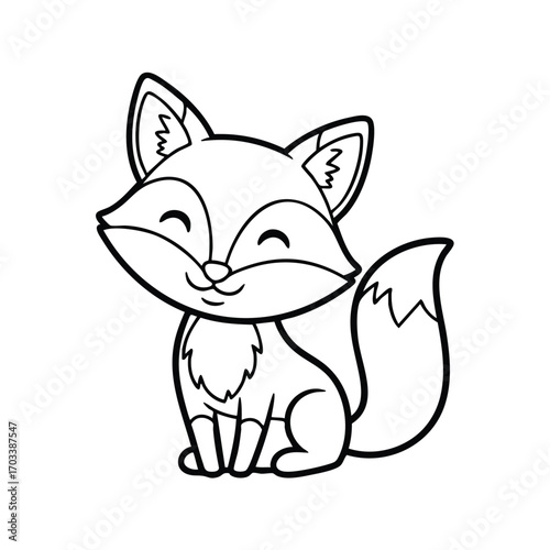 Cute smiling cartoon fox sitting with bushy tail and closed eyes in simple black and white line art style