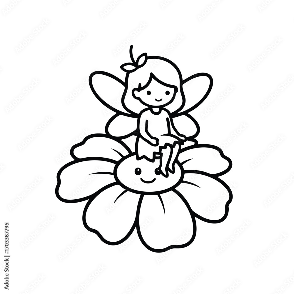 Naklejka premium Cute cartoon fairy with wings sitting on a large smiling flower in a simple black and white line art style