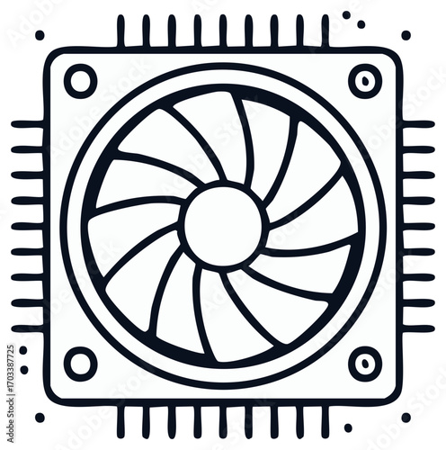 A stylized hand-drawn illustration of a CPU cooler featuring fan, heat sink and mounting holes and a bold minimalist style.